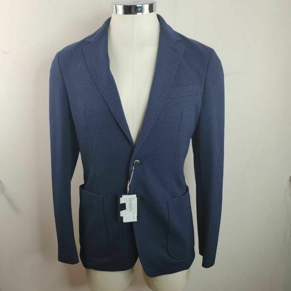 Fay Mens Two Button Blazer Blue Birds Eye Patch Pockets Notch Lapel 44/L New